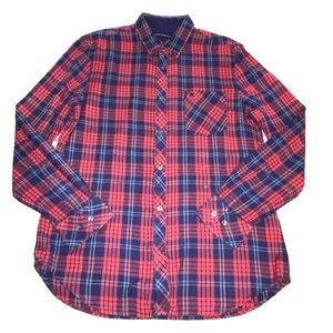 French Connection Flannel Shirt Mens Red Navy White Plaid Button Down Large EUC